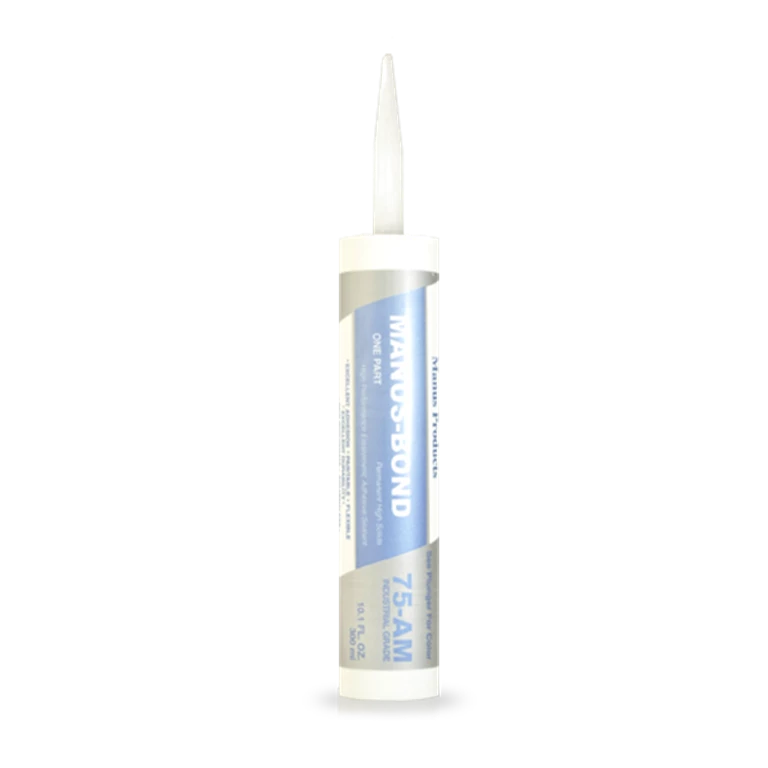 Manus-Bond 75-AM Industrial Grade adhesive applied on various materials including steel and vinyl, highlights its adhesion, weather resistance, and paint compatibility.