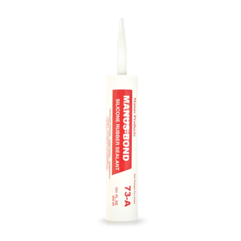 Manus-Bond 73-A silicone adhesive/sealant can be used on materials like aluminum and glass, showcasing weather and temperature resistance, FDA and USDA compliant.