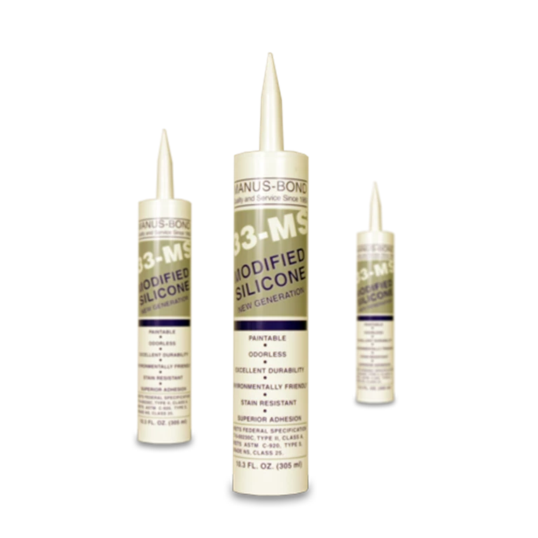 Manus-Bond 33-MS sealant, demonstrates superior adhesion on diverse materials like wood, aluminum, and stone, ideal for various sealing tasks in construction and industry, ASTM C920 compliant.