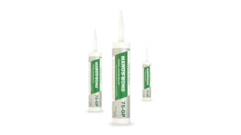 Three containers of Manus-Bond 75GP Sealant/Adhesive, showcasing its versatility for a range of substrates and eco-friendly formulation.